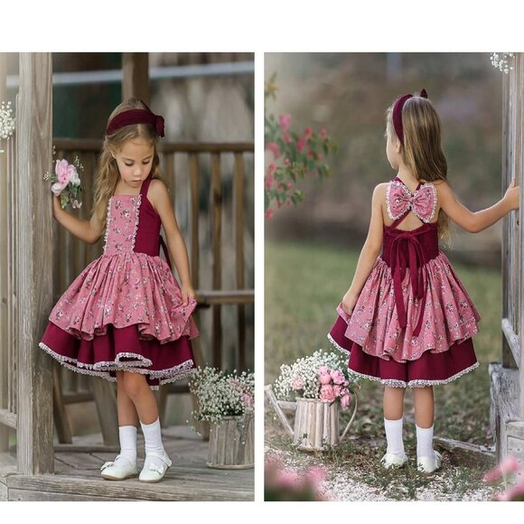 NWT Dollcake Emily Dress Burgandy Pink Floral Holiday Fall Girls sz 7 - Picture 1 of 4